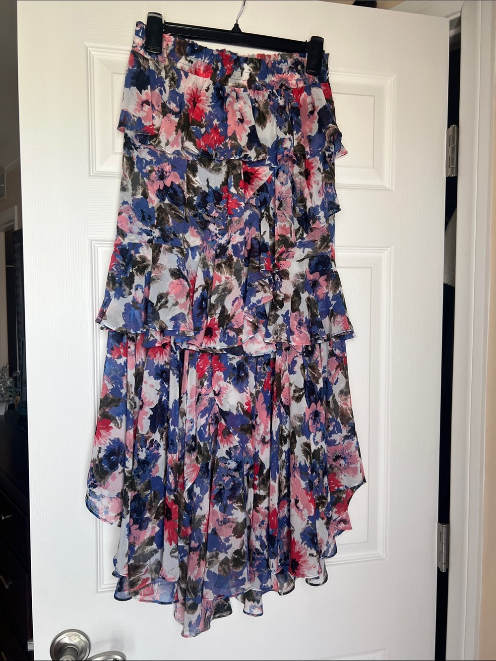 Misa Los Angeles Floral Tiered Ruffle Midi Skirt in Blue, Pink, Red